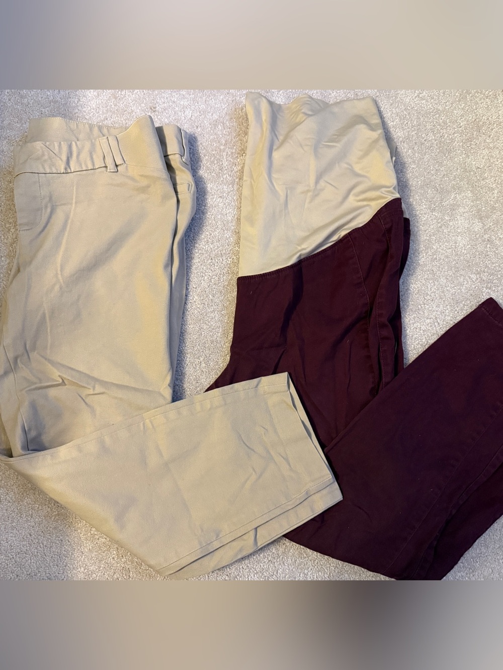 Beige and Burgundy Maternity Pants - Stretch Waist Panel